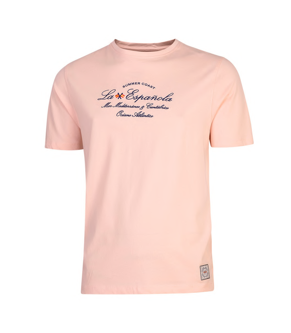 Camiseta masculina de algodón y elastano en color rosa melocotón con diseño estampado azul marino, parte de la moda masculina premium de La Española. almogavarmoda zaragoza