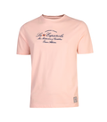Camiseta masculina de algodón y elastano en color rosa melocotón con diseño estampado azul marino, parte de la moda masculina premium de La Española. almogavarmoda zaragoza