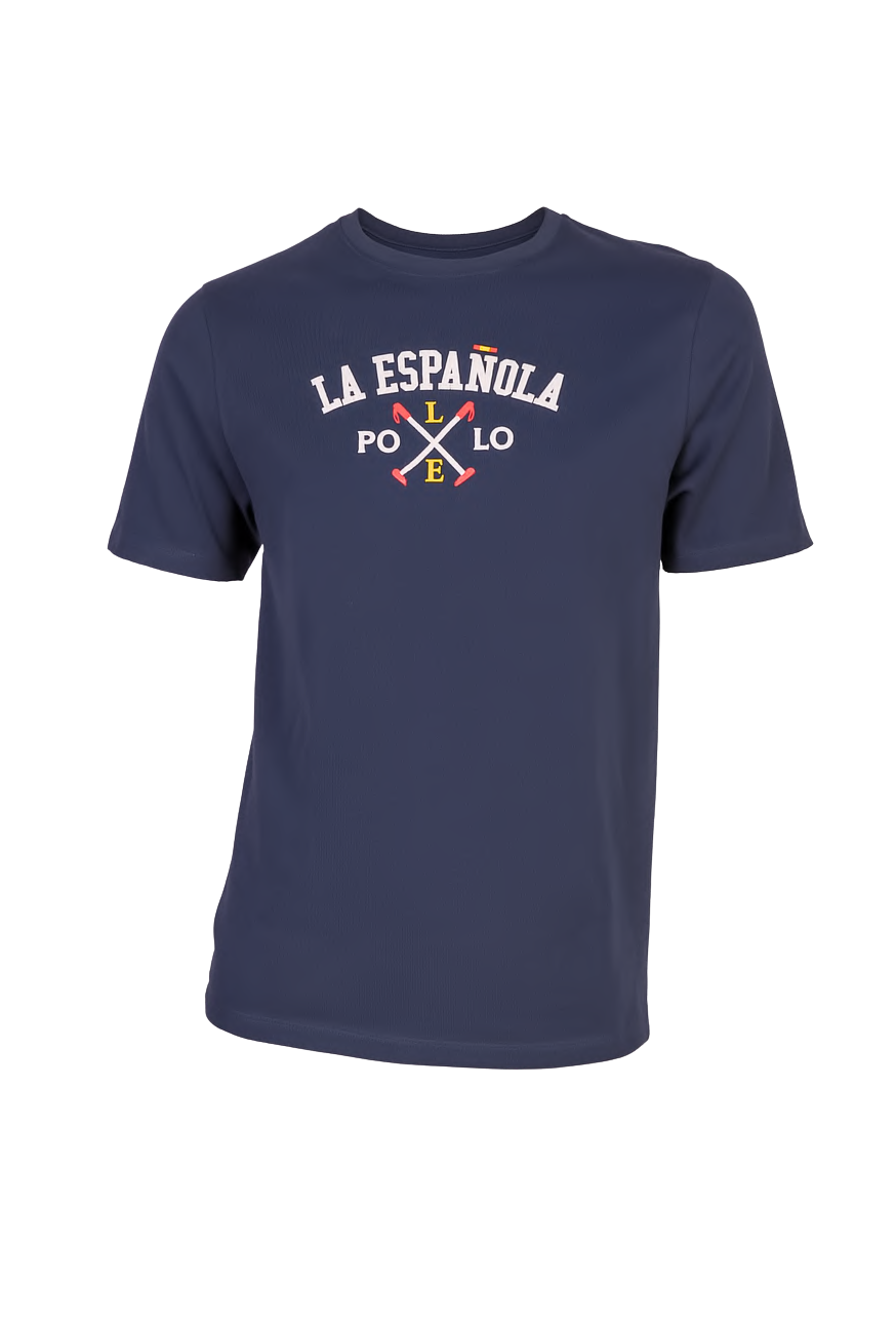 Camiseta azul marino de moda masculina premium con tejido elástico, diseño con logo La Española y detalles en colores contrastantes, ideal para estilo casual.