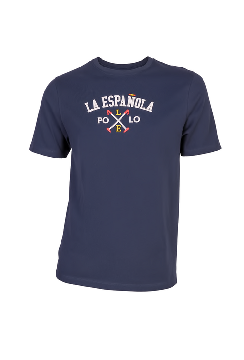 Camiseta azul marino de moda masculina premium con tejido elástico, diseño con logo La Española y detalles en colores contrastantes, ideal para estilo casual.