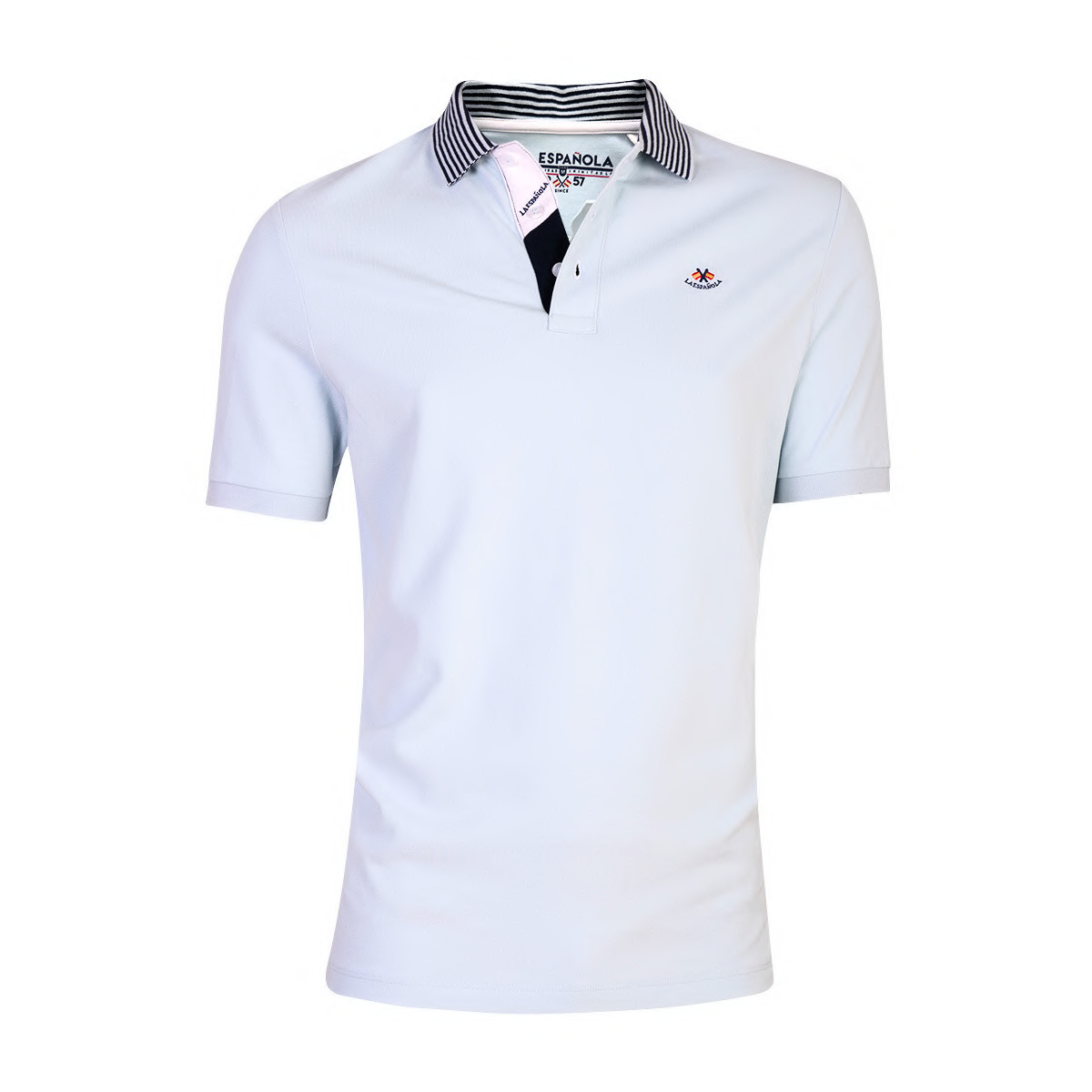 Polo de hombre color ice blue en tejido premium 100% algodón con elastano, cuello con detalles a rayas y bordado discreto, ideal para moda masculina de calidad.