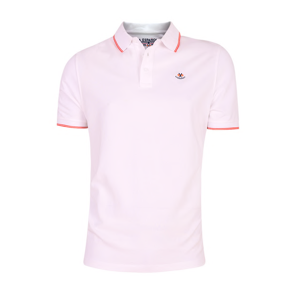 Polo blanco para hombre con detalles en rojo en el cuello y mangas, tejido premium 100% algodón y elastano, diseño elegante y cómodo para moda masculina.