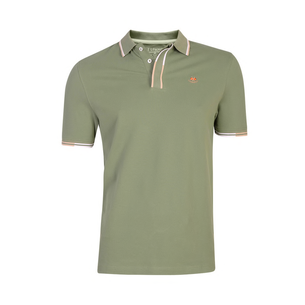 Polo verde pálido para hombre con detalles en beige, tejido 100% algodón y elastano, diseño clásico de manga corta ideal para moda masculina premium.