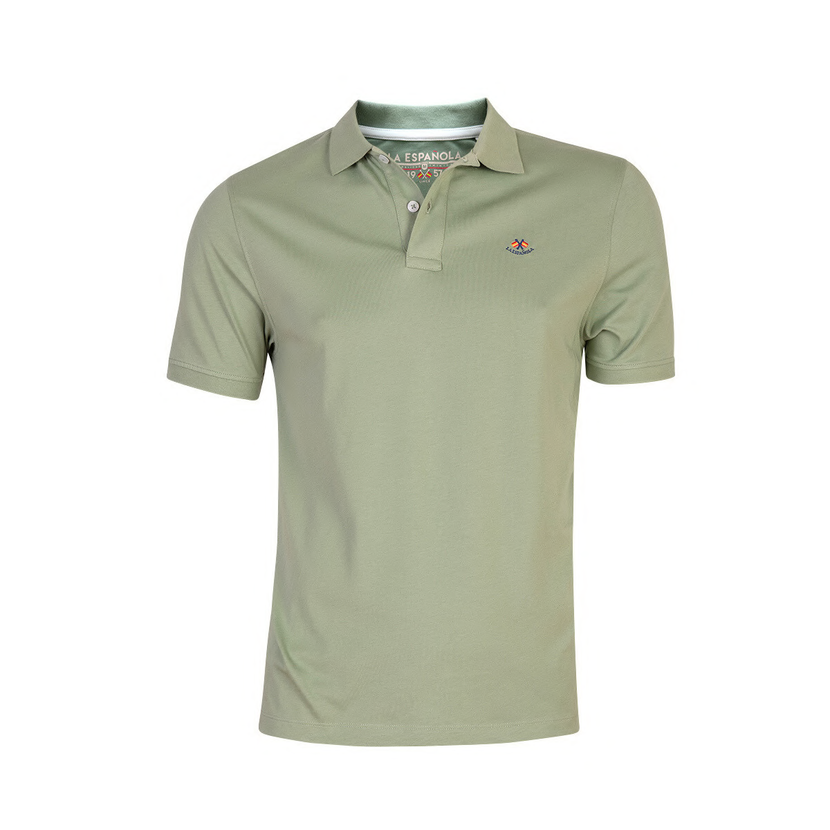 Polo hombre en verde pálido de tejido premium con elastano, diseño clásico con cuello y botones, ideal para moda masculina de calidad y disponible en varias tallas.