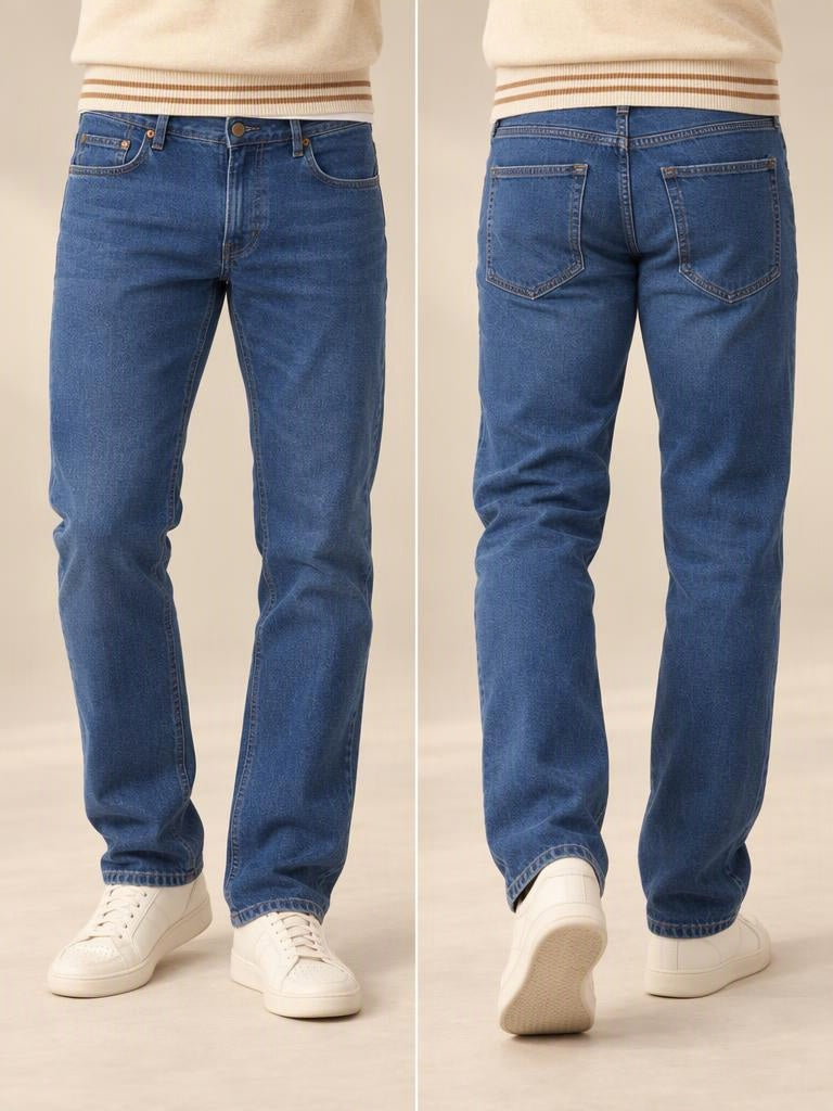 Pantalón vaquero Cotton Blue 113002 slim azul medio, vista frontal y trasera | Almogávar Moda