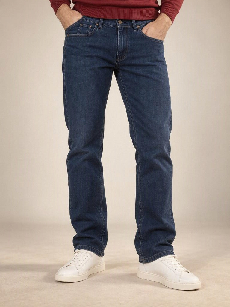 Pantalón vaquero básico azul medio de 5 bolsillos Cotton Blue 116002, vista frontal | Almogávar Moda