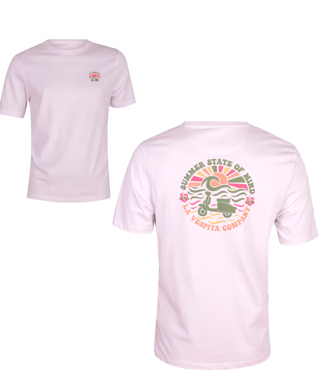 Camiseta blanca de algodón y elastano para hombre con diseño vintage de scooter y texto en colores pastel, ideal para moda masculina premium de La Vespita.