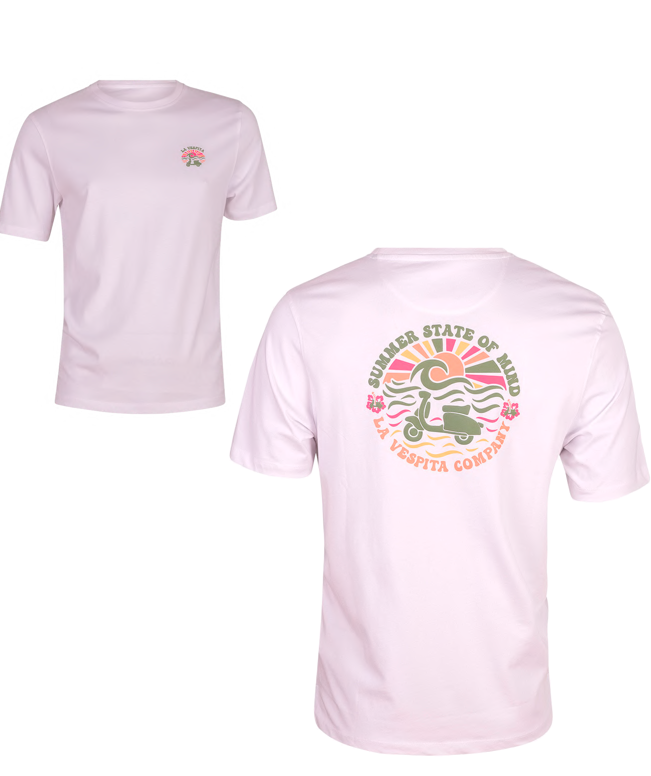 Camiseta blanca de algodón y elastano para hombre con diseño vintage de scooter y texto en colores pastel, ideal para moda masculina premium de La Vespita.