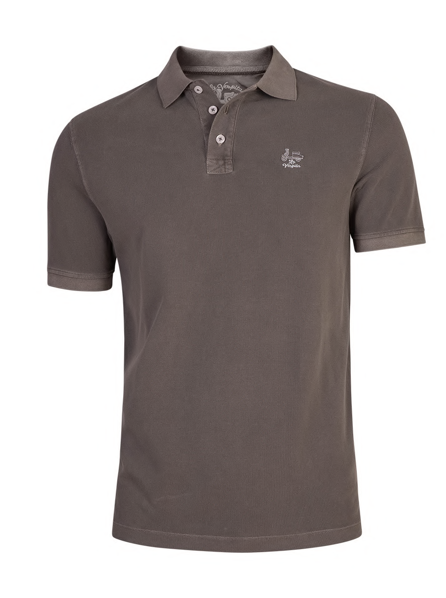 Polo casual para hombre en color marrón moca con efecto lavado, tejido premium algodón y elastano, diseño clásico con cuello y cierre de botones, ideal para moda masculina.
