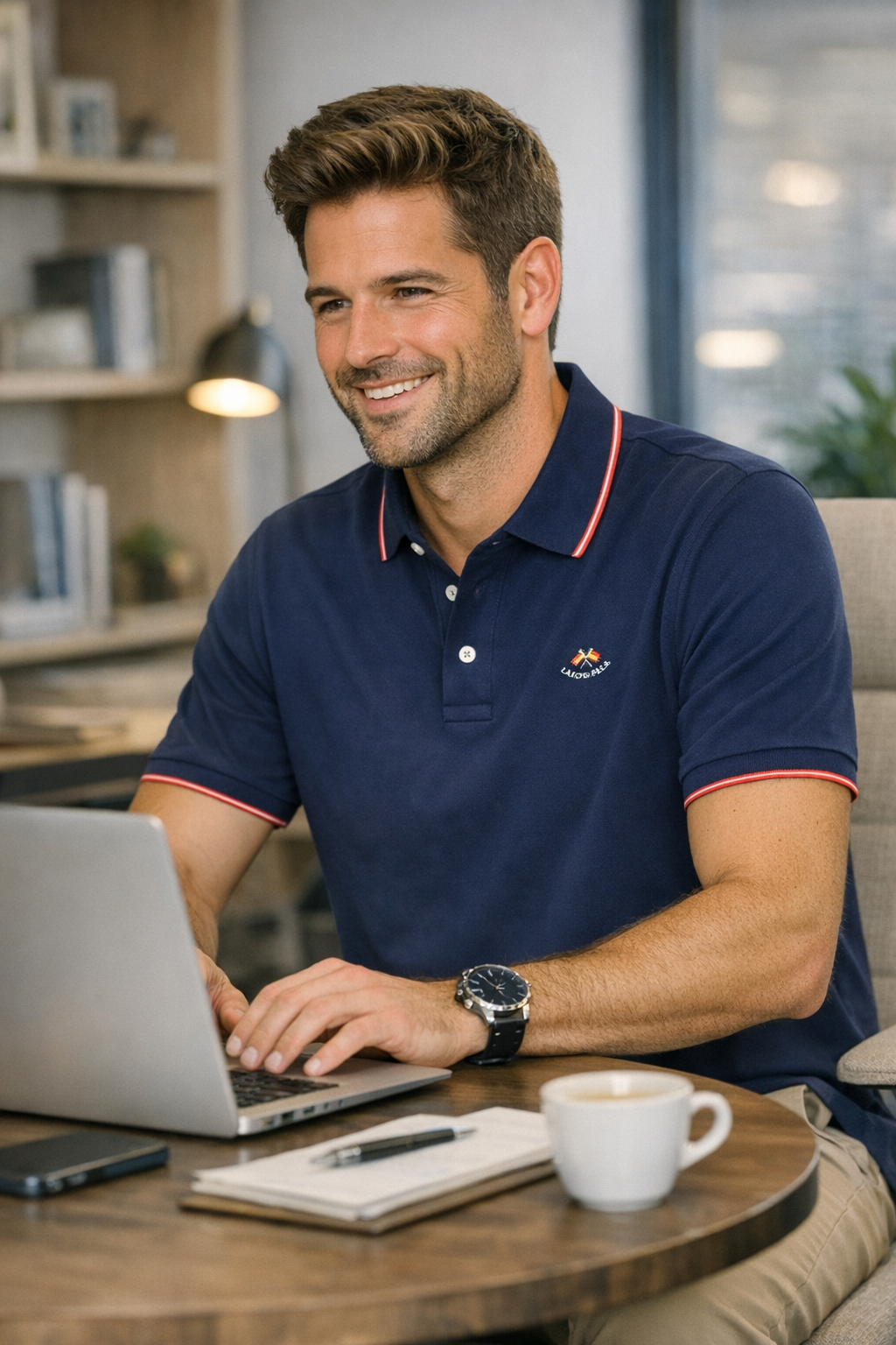 Hombre sonriente vestido con polo azul marino con detalles en rojo y blanco, trabajando en su portátil en un ambiente moderno y acogedor.