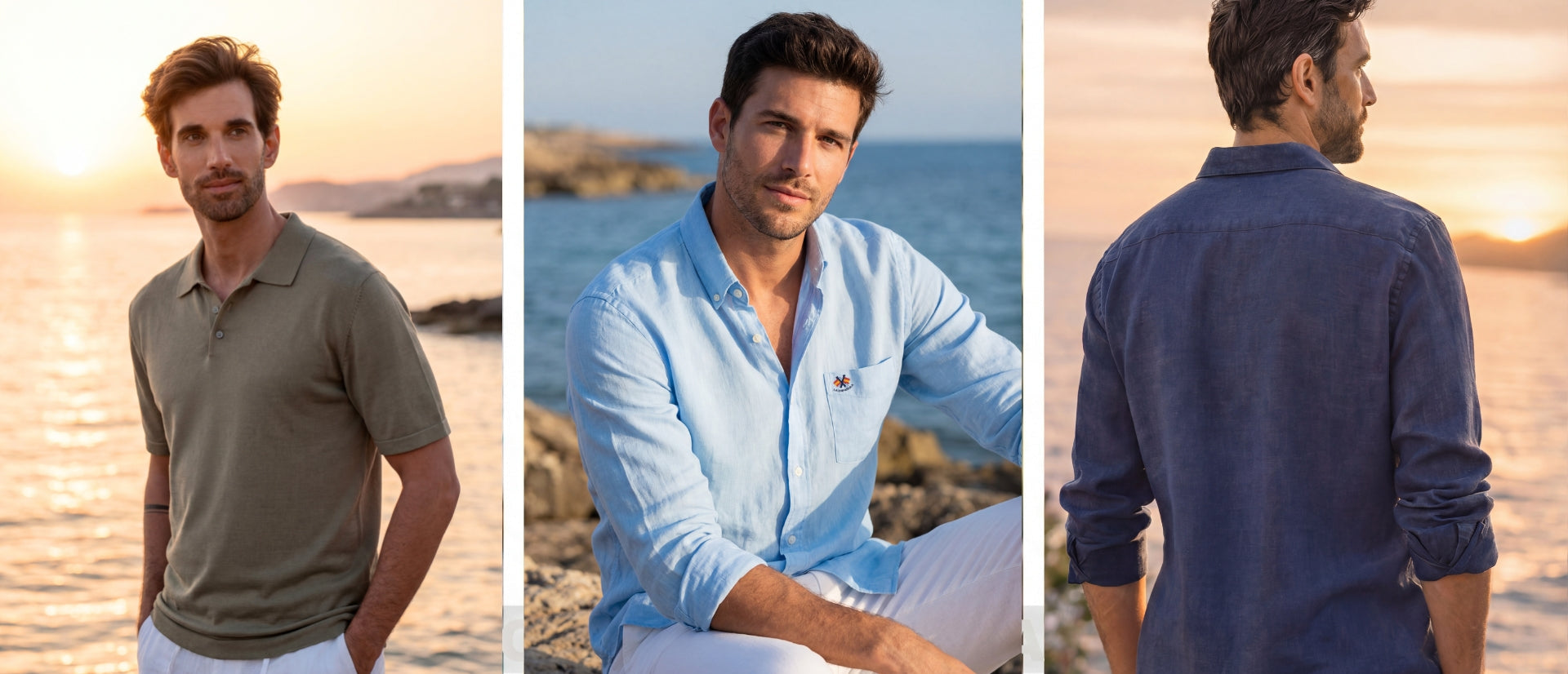 Hombre con polo verde oliva frente al mar al atardecer, hombre con camisa azul clara de manga larga sentado cerca de rocas junto al mar y vista trasera de hombre con camisa azul oscuro mirando el horizonte al atardecer.