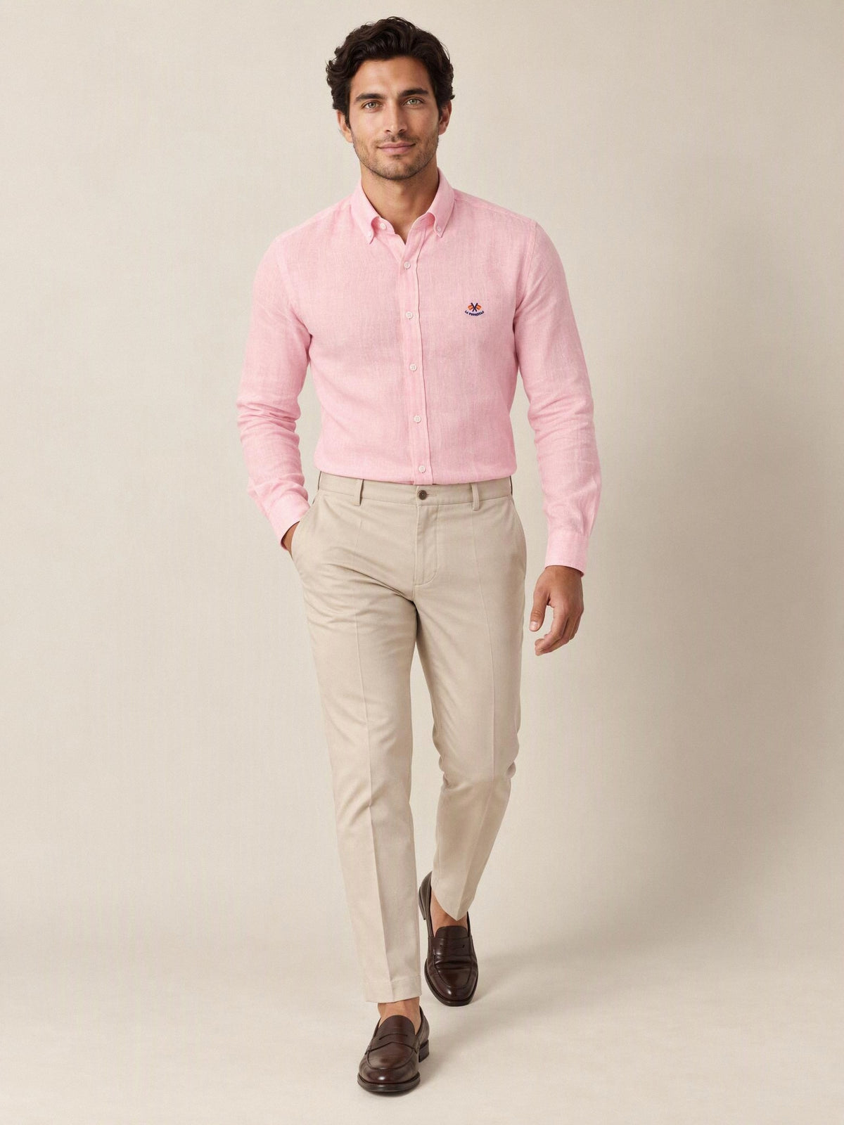 Camisa lino La Española rosa 5/6436, look completo | Almogávar Moda