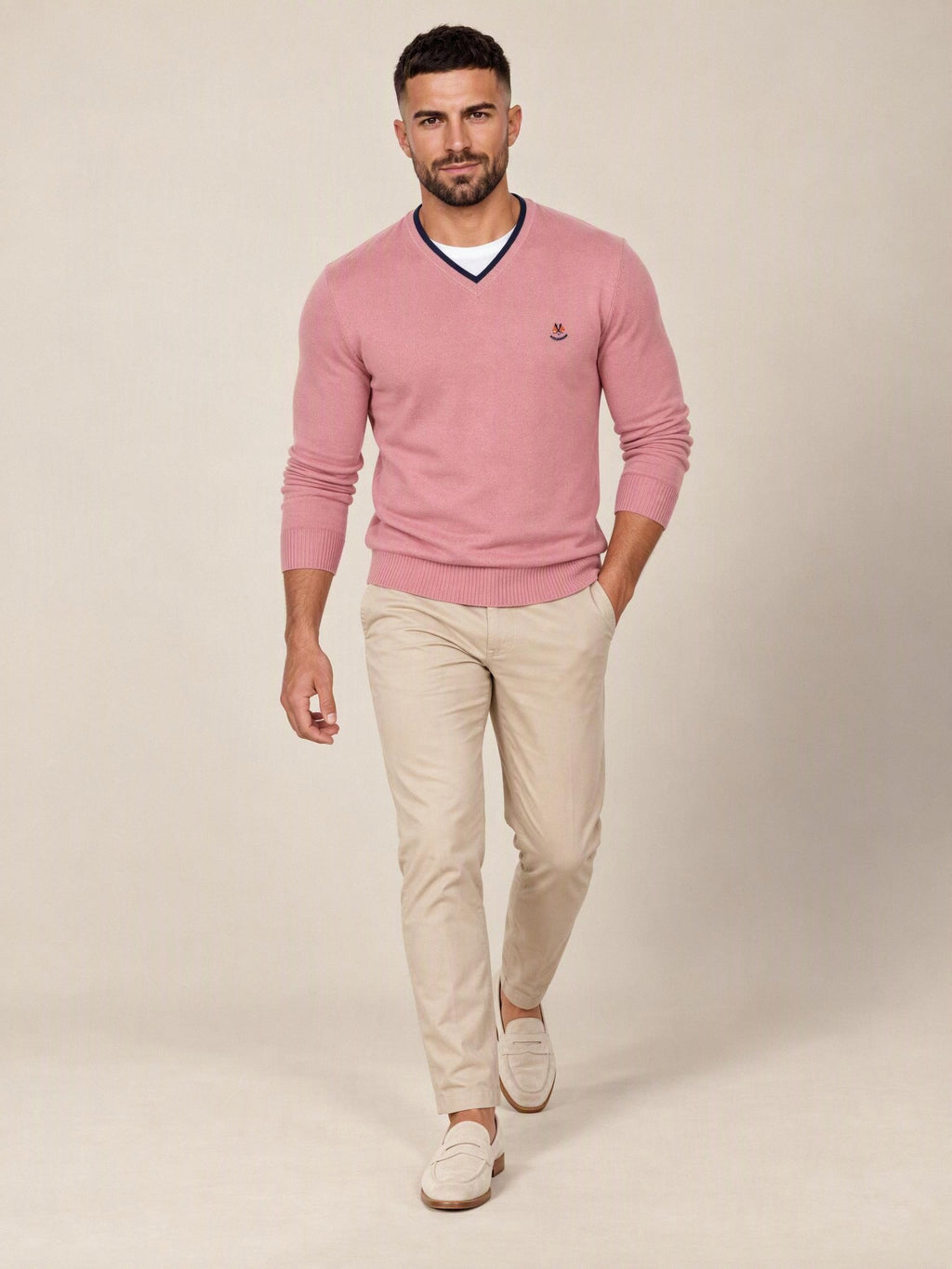Jersey cuello pico La Española rosa 10916, look completo | Almogávar Moda