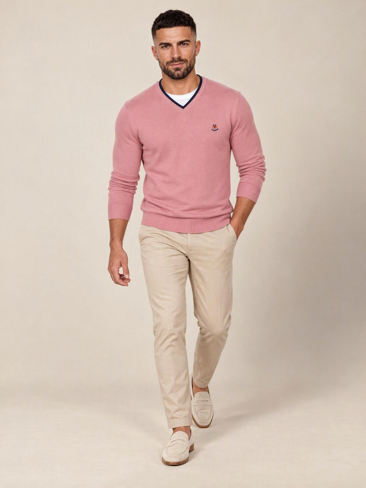 Jersey cuello pico La Española rosa 10916, look completo | Almogávar Moda