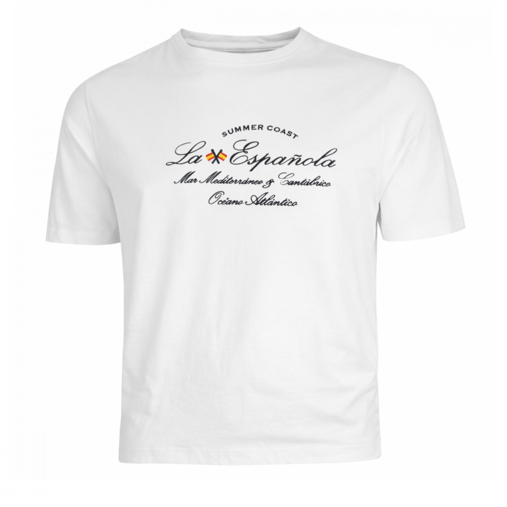 Camiseta blanca de hombre con estampado elegante de texto, fabricada en algodón y elastano de calidad premium, ideal para moda masculina casual y moderna.