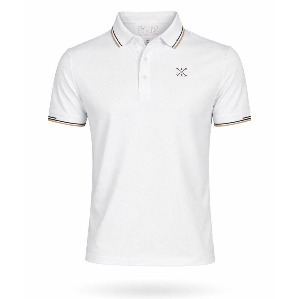 Polo blanco de hombre en tejido 100% algodón con detalles en cuello y mangas, estilo elegante y cómodo ideal para moda masculina premium.