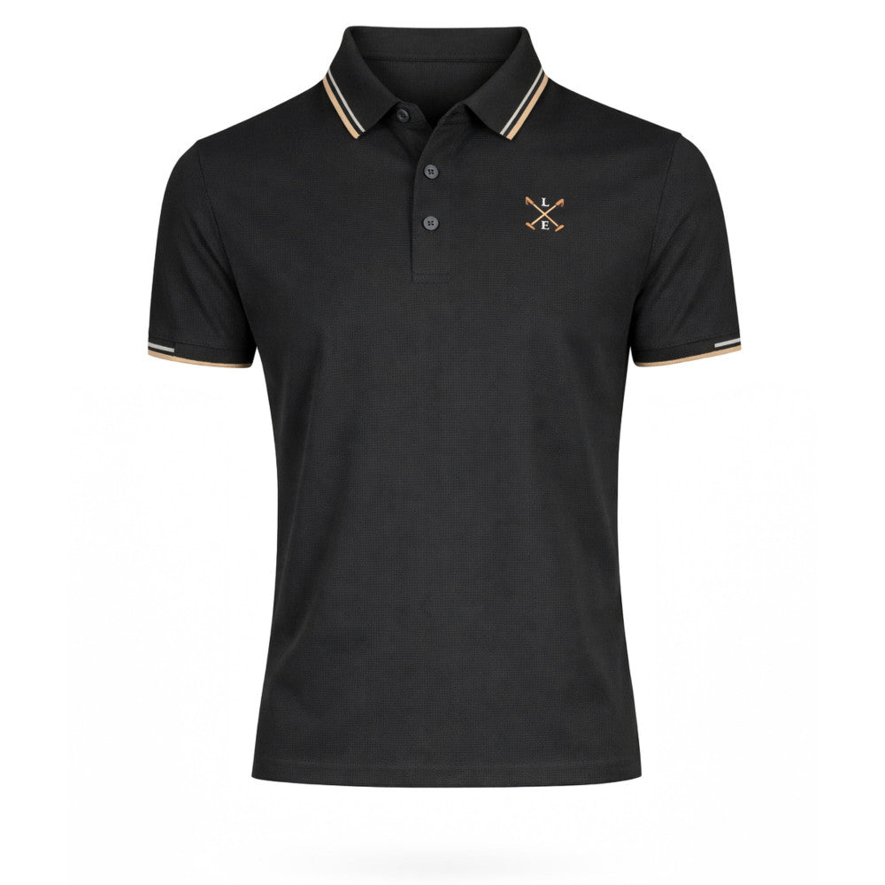 Polo negro de hombre con detalle en cuello y mangas, fabricado en algodón de alta calidad, estilo elegante y cómodo para moda masculina premium.