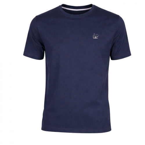 Camiseta azul marino de hombre con cuello redondo y diseño básico, confeccionada en algodón y elastano para mayor confort y estilo casual.