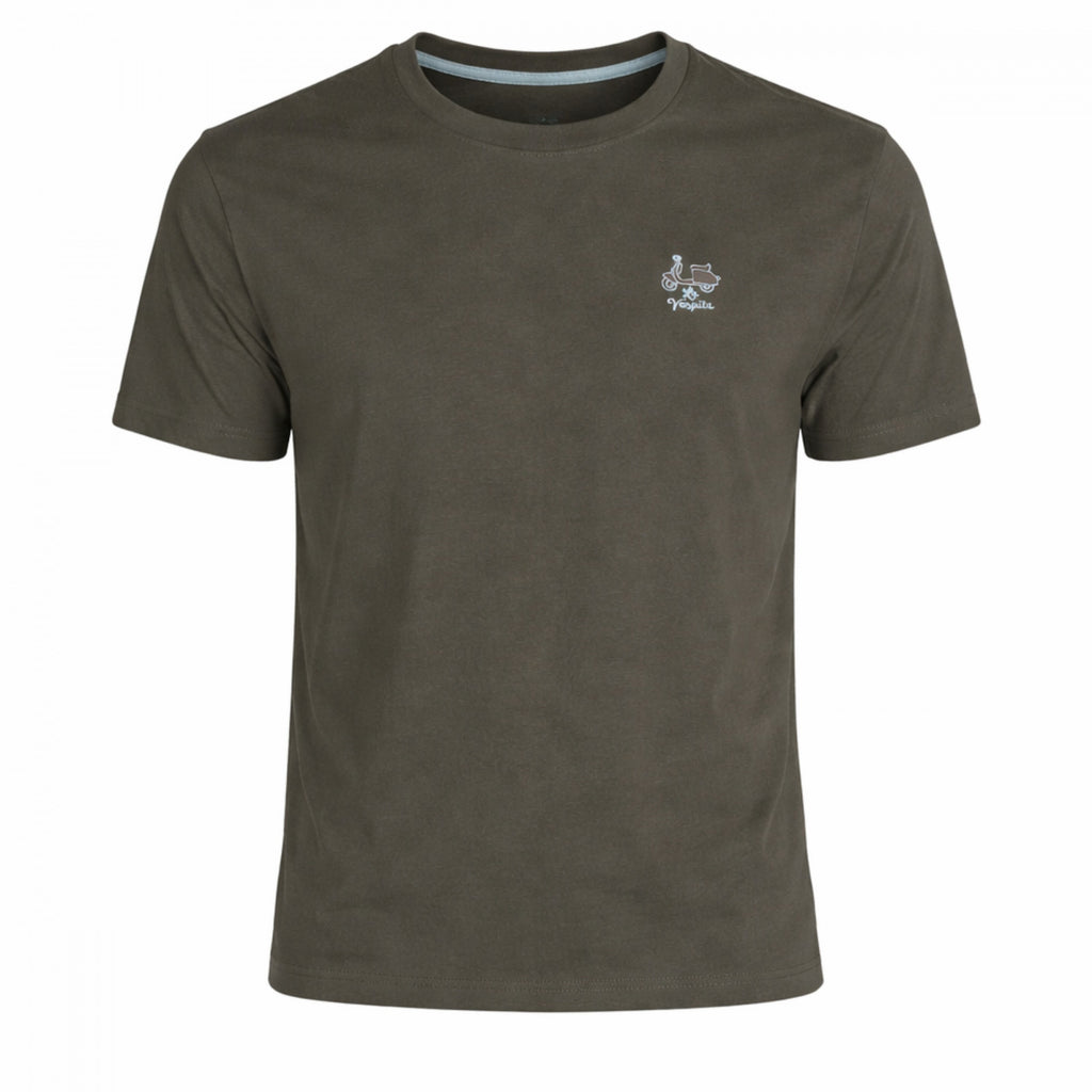 Camiseta de hombre en verde oscuro de algodón y elastano con cuello caja, diseño básico y logo pequeño bordado, ideal para moda masculina premium.