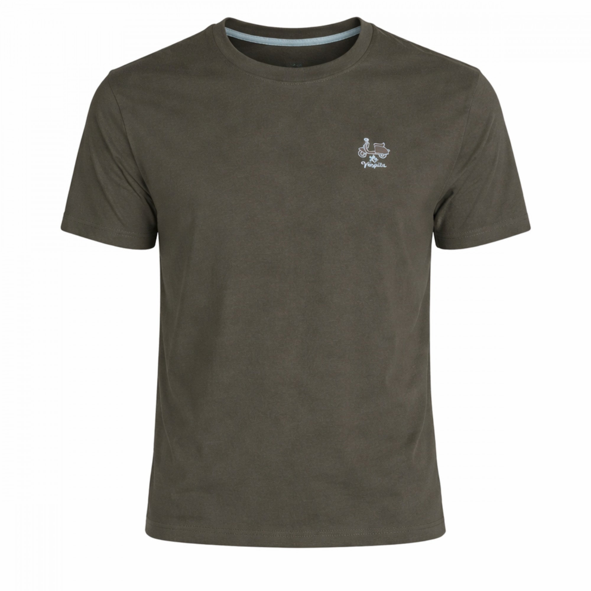 Camiseta de hombre en verde oscuro de algodón y elastano con cuello caja, diseño básico y logo pequeño bordado, ideal para moda masculina premium.