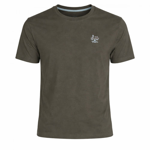 Camiseta de hombre en verde oscuro de algodón y elastano con cuello caja, diseño básico y logo pequeño bordado, ideal para moda masculina premium.