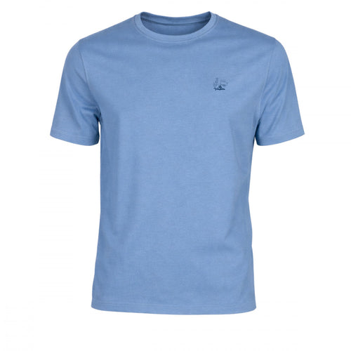 Camiseta azul de algodón y elastano para hombre, con cuello redondo y diseño básico, ideal para moda masculina premium y disponible en varias tallas.