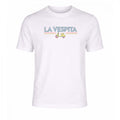 Camiseta blanca para hombre en algodón y elastano con estampado de La Vespita en tonos azul y amarillo, ideal para moda masculina premium de calidad.