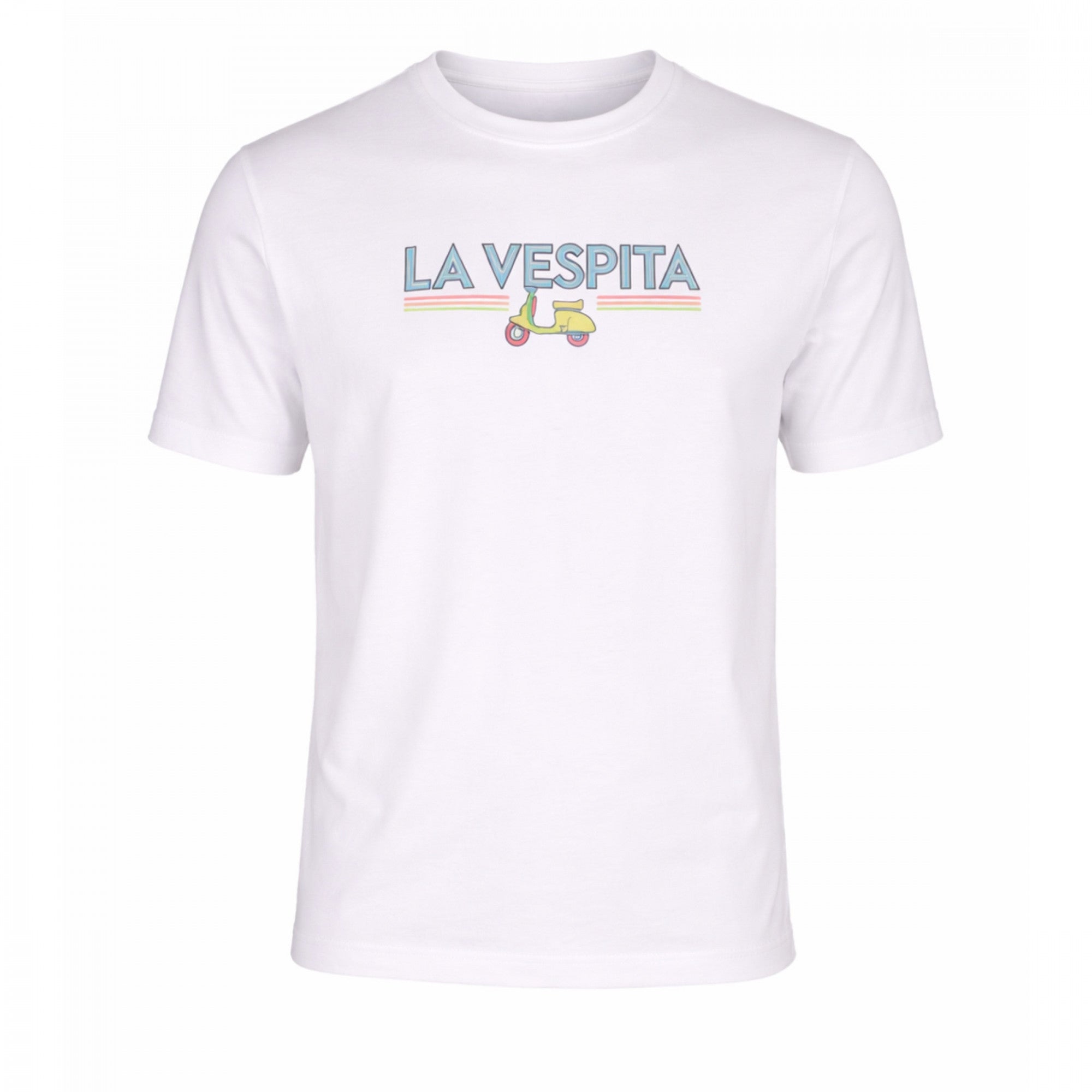 Camiseta blanca para hombre en algodón y elastano con estampado de La Vespita en tonos azul y amarillo, ideal para moda masculina premium de calidad.