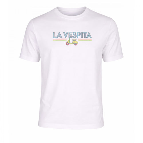 Camiseta blanca para hombre en algodón y elastano con estampado de La Vespita en tonos azul y amarillo, ideal para moda masculina premium de calidad.