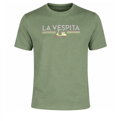 Camiseta verde de algodón con elastano para hombre, diseño de La Vespita con estampado de scooter y letras, ropa masculina de moda premium disponible en varias tallas.