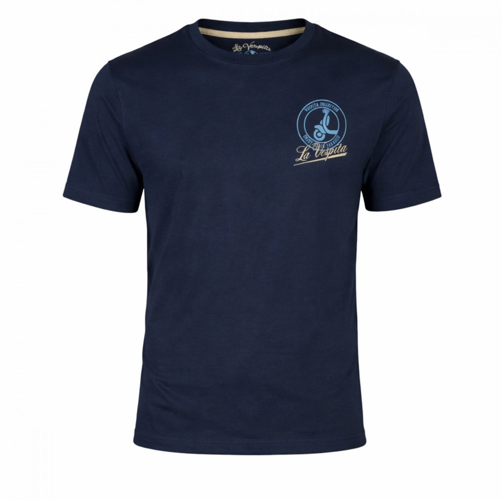 Camiseta azul marino para hombre de algodón y elastano con diseño estampado en el pecho, parte de la colección La Vespita, disponible en varias tallas y colores.