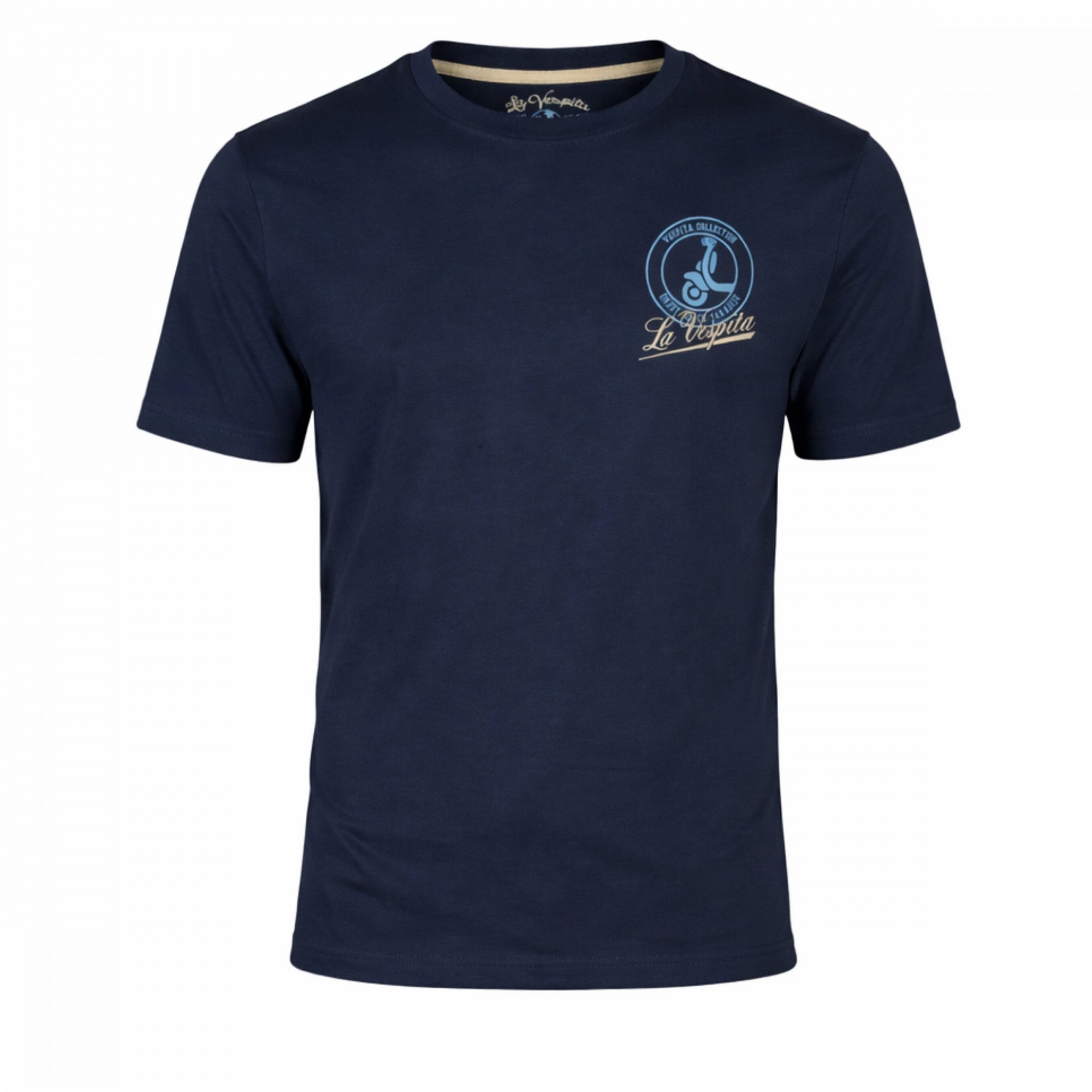 Camiseta azul marino para hombre de algodón y elastano con diseño estampado en el pecho, parte de la colección La Vespita, disponible en varias tallas y colores.