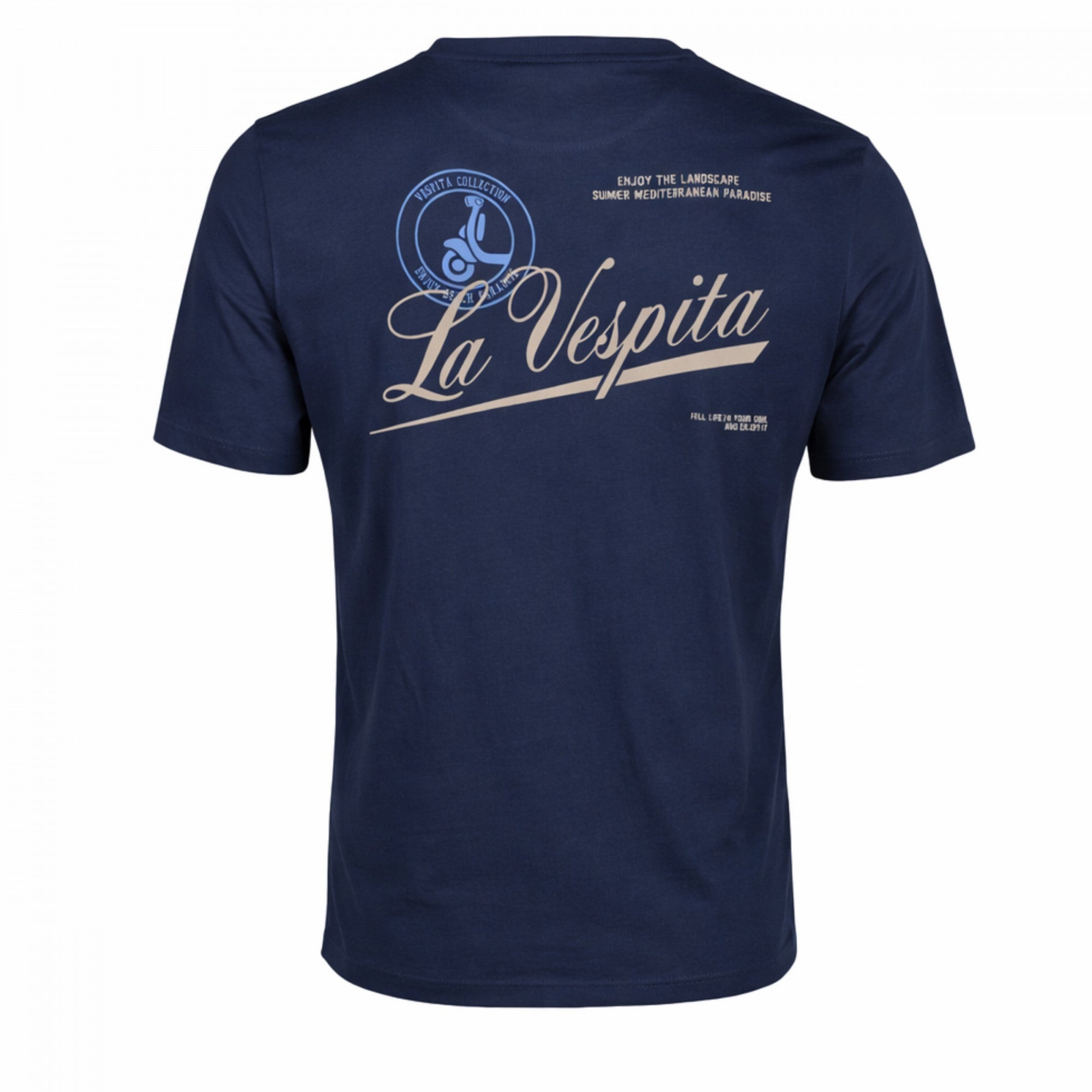 Camiseta azul marino para hombre de algodón con diseño estampado en el pecho y logo La Vespita, parte de la moda masculina premium disponible en varias tallas y colores.