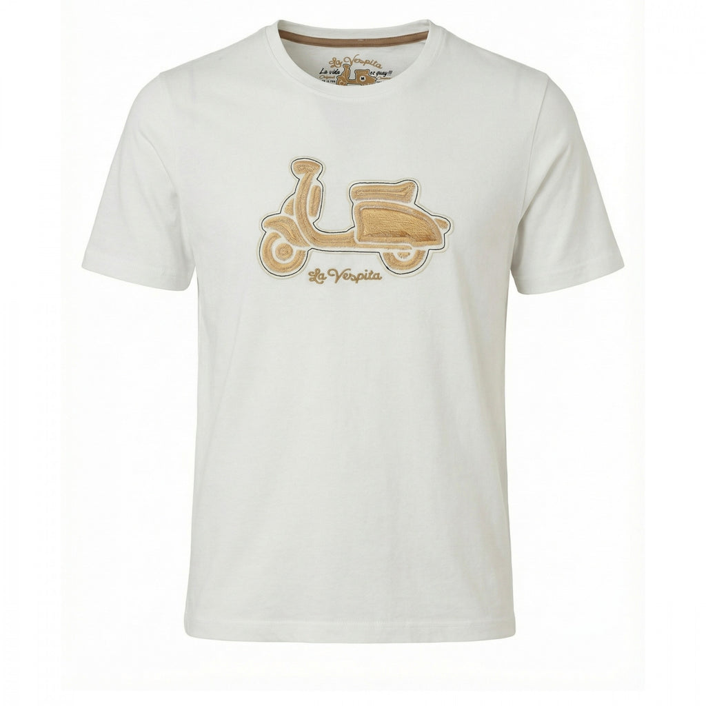 Camiseta blanca básica para hombre en algodón con bordado en el pecho de una motocicleta estilo vintage, diseño exclusivo de La Vespita, moda masculina premium.