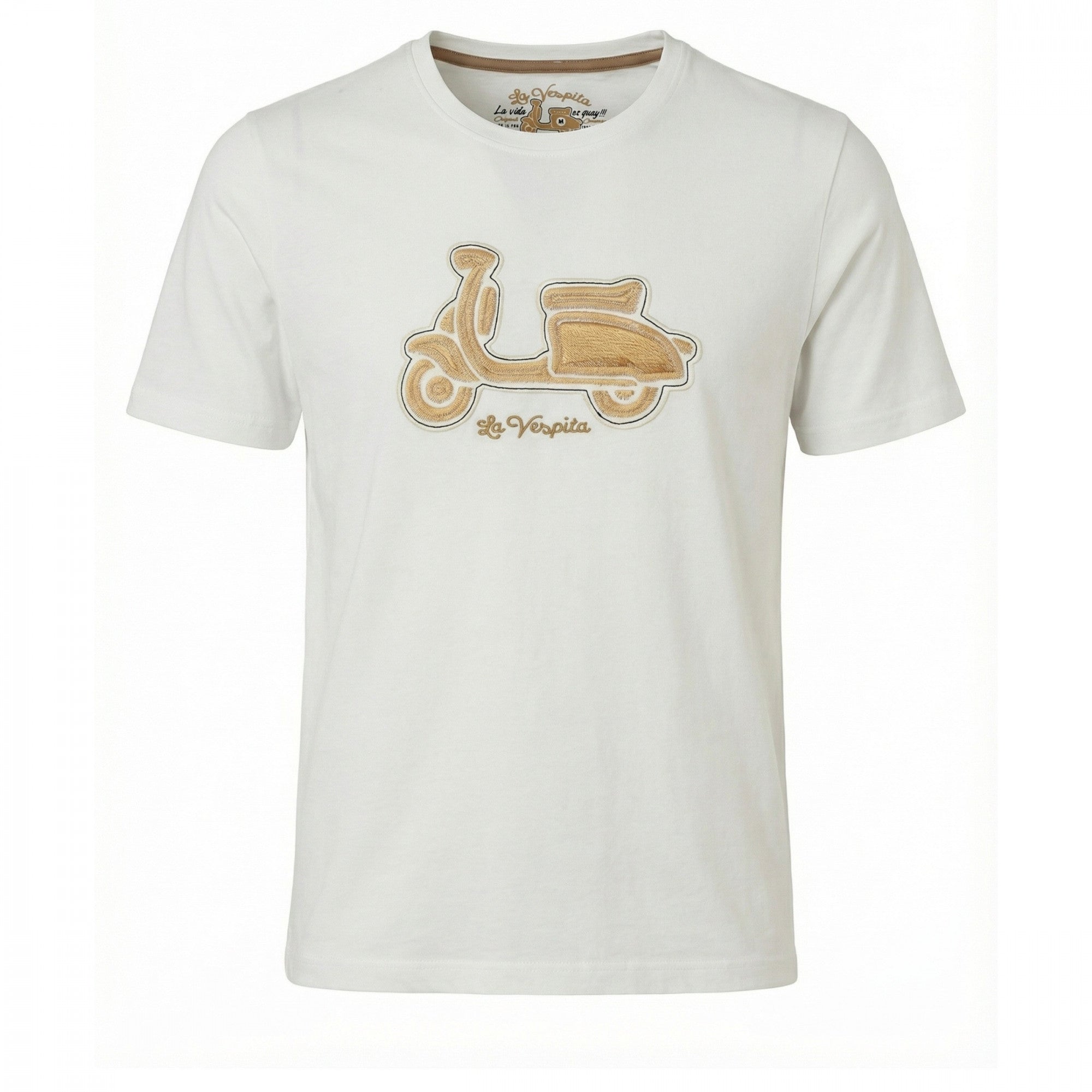 Camiseta blanca de moda masculina premium con logo bordado de vespa en el pecho, fabricada en algodón y elastano, disponible en varias tallas y colores.