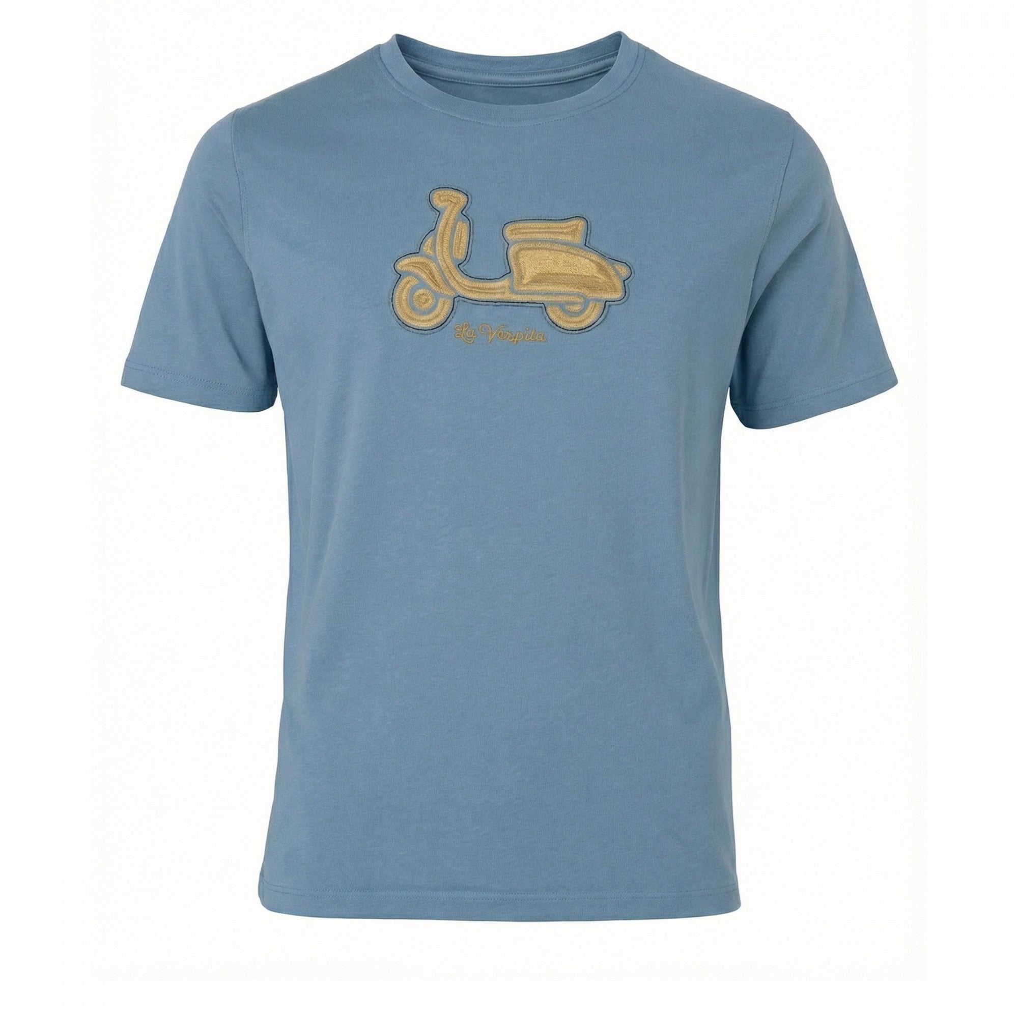 Camiseta masculina azul de algodón y elastano con cuello redondo y bordado de una moto clásica en el pecho, parte de la colección La Vespita.