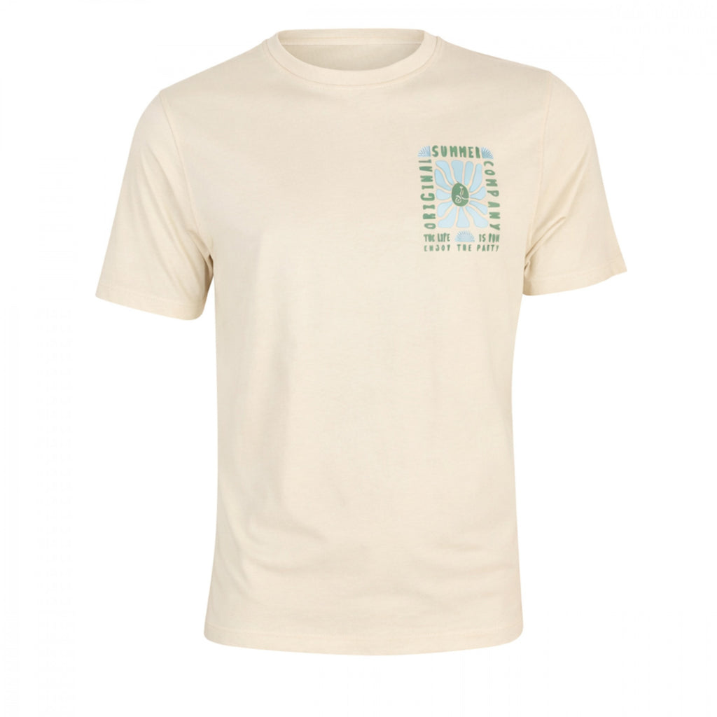 Camiseta beige claro de hombre con cuello redondo confeccionada en algodón y elastano, detalle estampado en tono verde gris, ideal para moda masculina premium.
