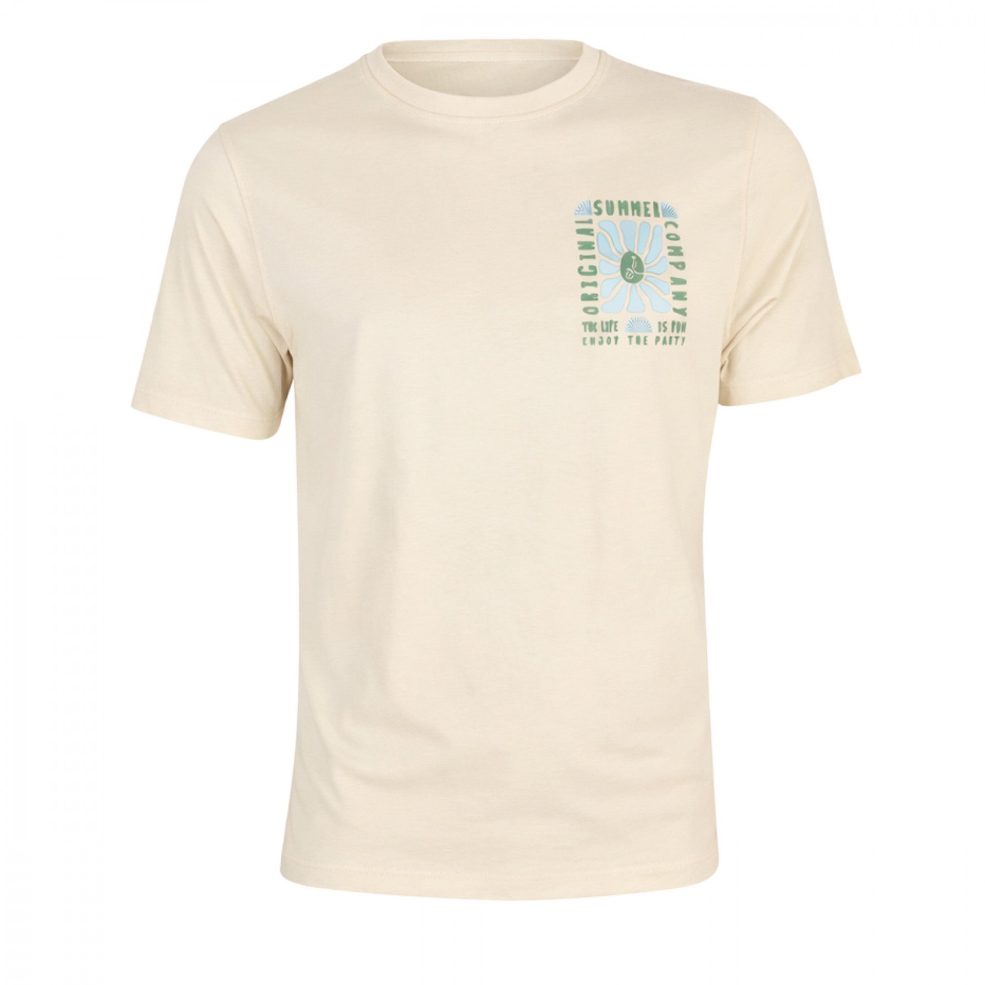 Camiseta beige claro de hombre con cuello redondo confeccionada en algodón y elastano, detalle estampado en tono verde gris, ideal para moda masculina premium.