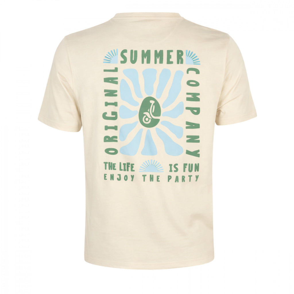 Camiseta beige clara para hombre con estampado gráfico en tonos verde gris y azul claro, confeccionada en tejido 100% algodón de alta calidad, de la colección La Vespita.