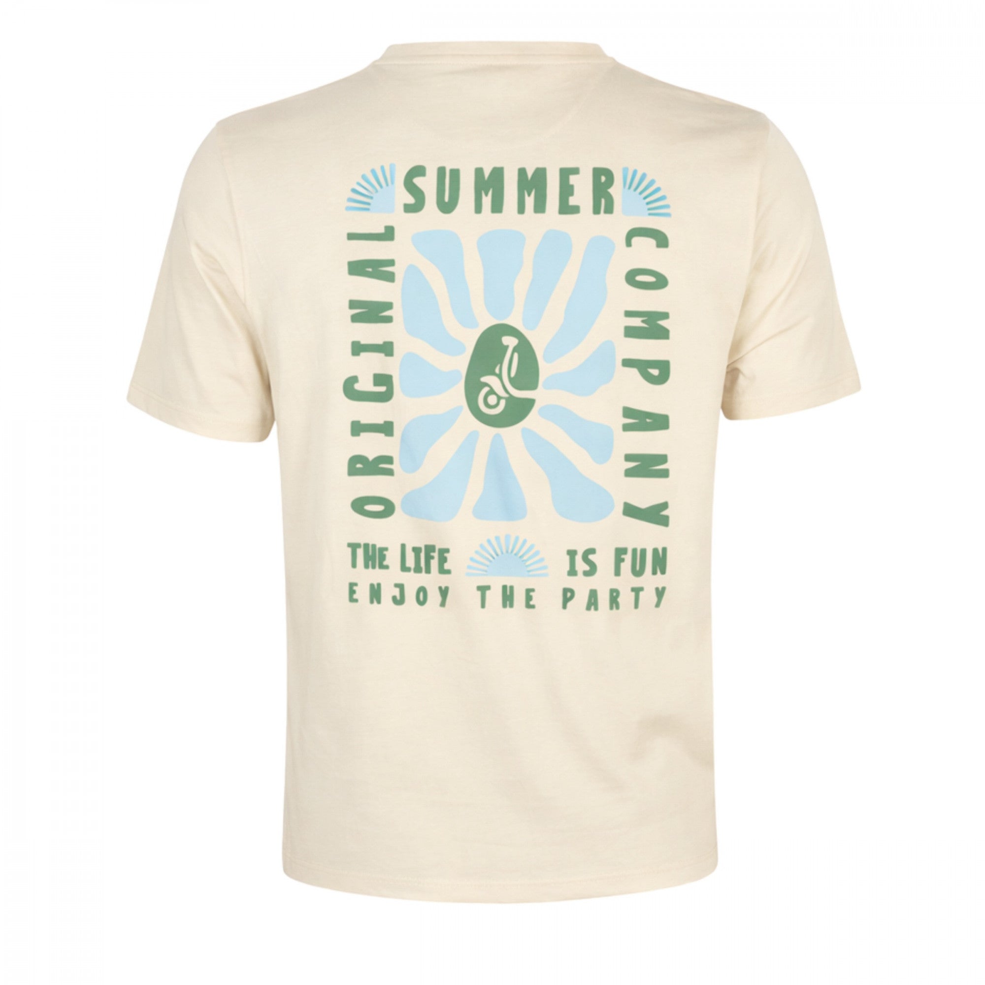 Camiseta beige clara para hombre con estampado gráfico en tonos verde gris y azul claro, confeccionada en tejido 100% algodón de alta calidad, de la colección La Vespita.