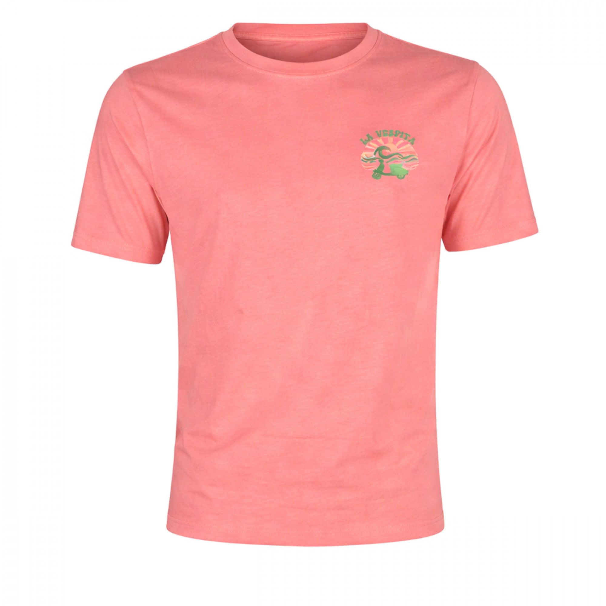 Camiseta rosa coral de hombre con logo estampado en verde, confeccionada en algodón con elastano para mayor comodidad, disponible en varias tallas en tienda multimarca de moda masculina premium.