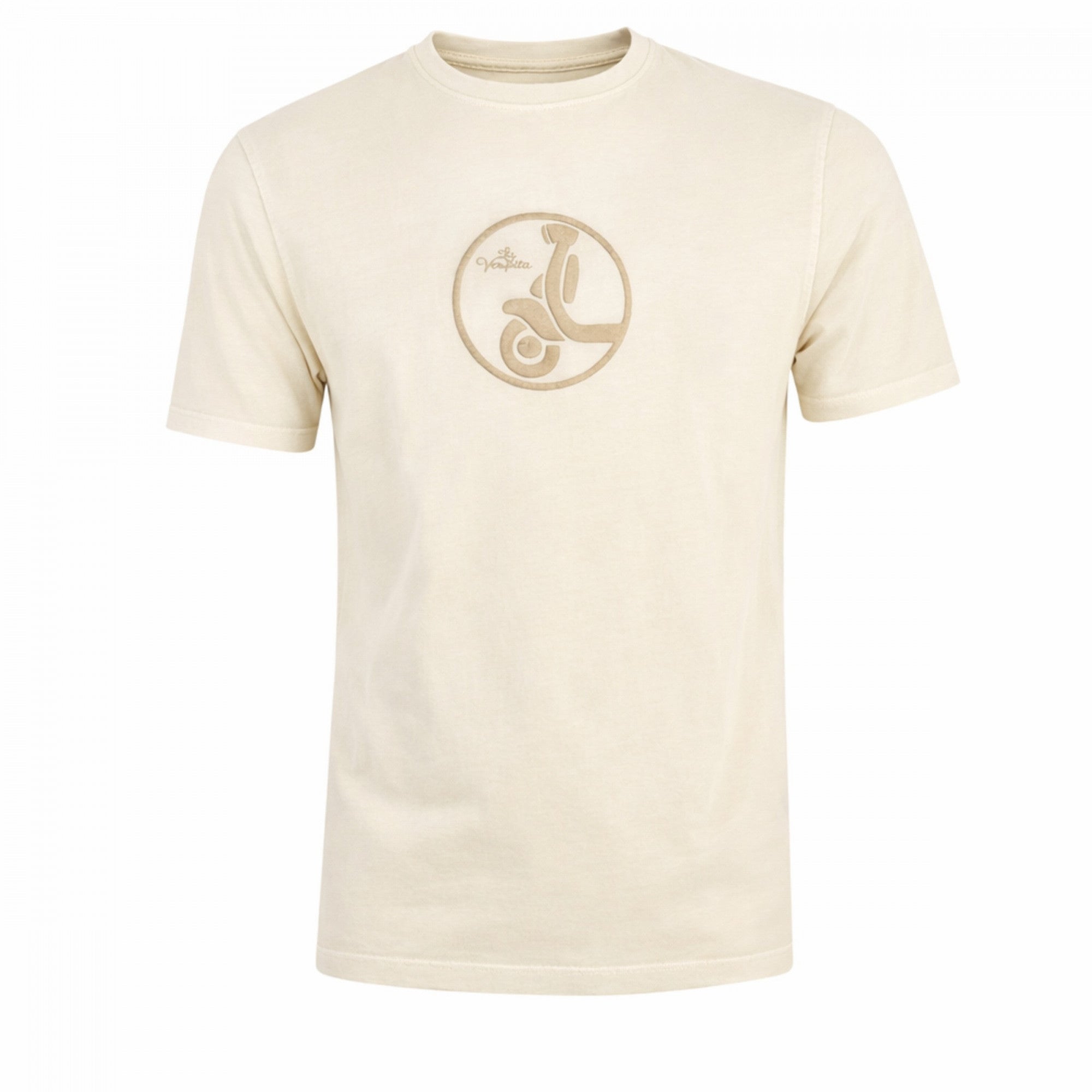 Camiseta de hombre en color crudo con efecto lavado y logo estampado en tono gris pardo, confeccionada en algodón y elastano para un ajuste cómodo y elegante.