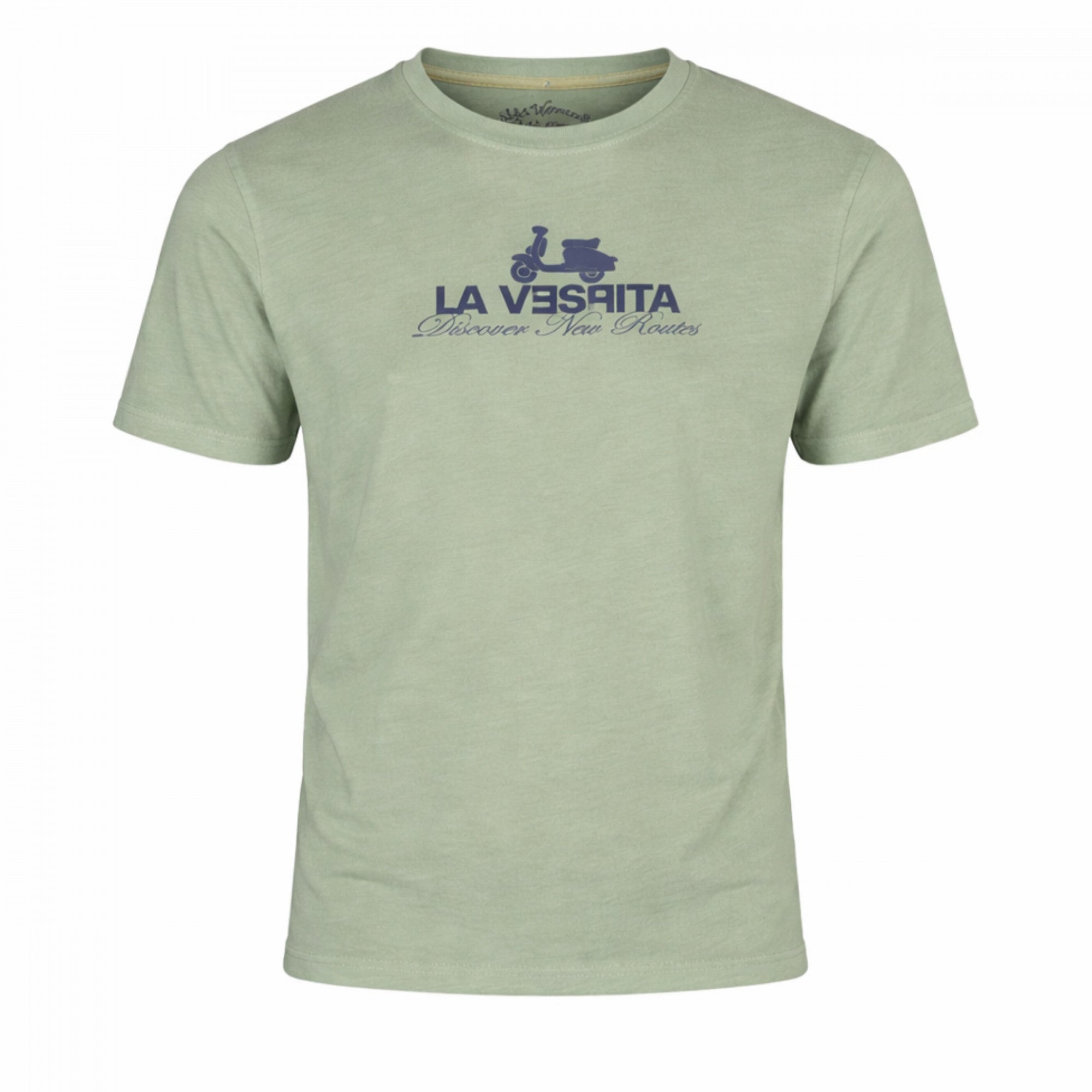 Camiseta masculina verde claro de algodón con elastano, diseño con logo estampado de La Vespita, ideal para moda masculina premium en variedad de tallas y colores.