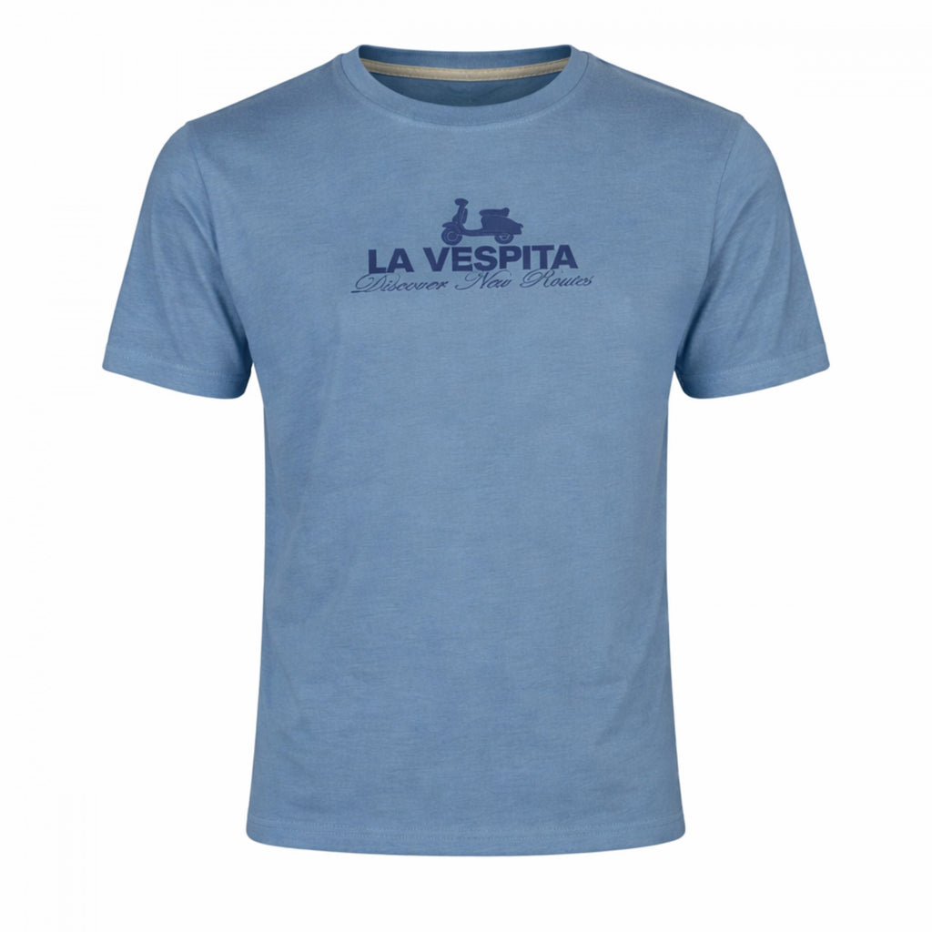 Camiseta azul de hombre con logo estampado La Vespita, fabricada en algodón con elastano, diseño casual y cómodo ideal para moda masculina premium.
