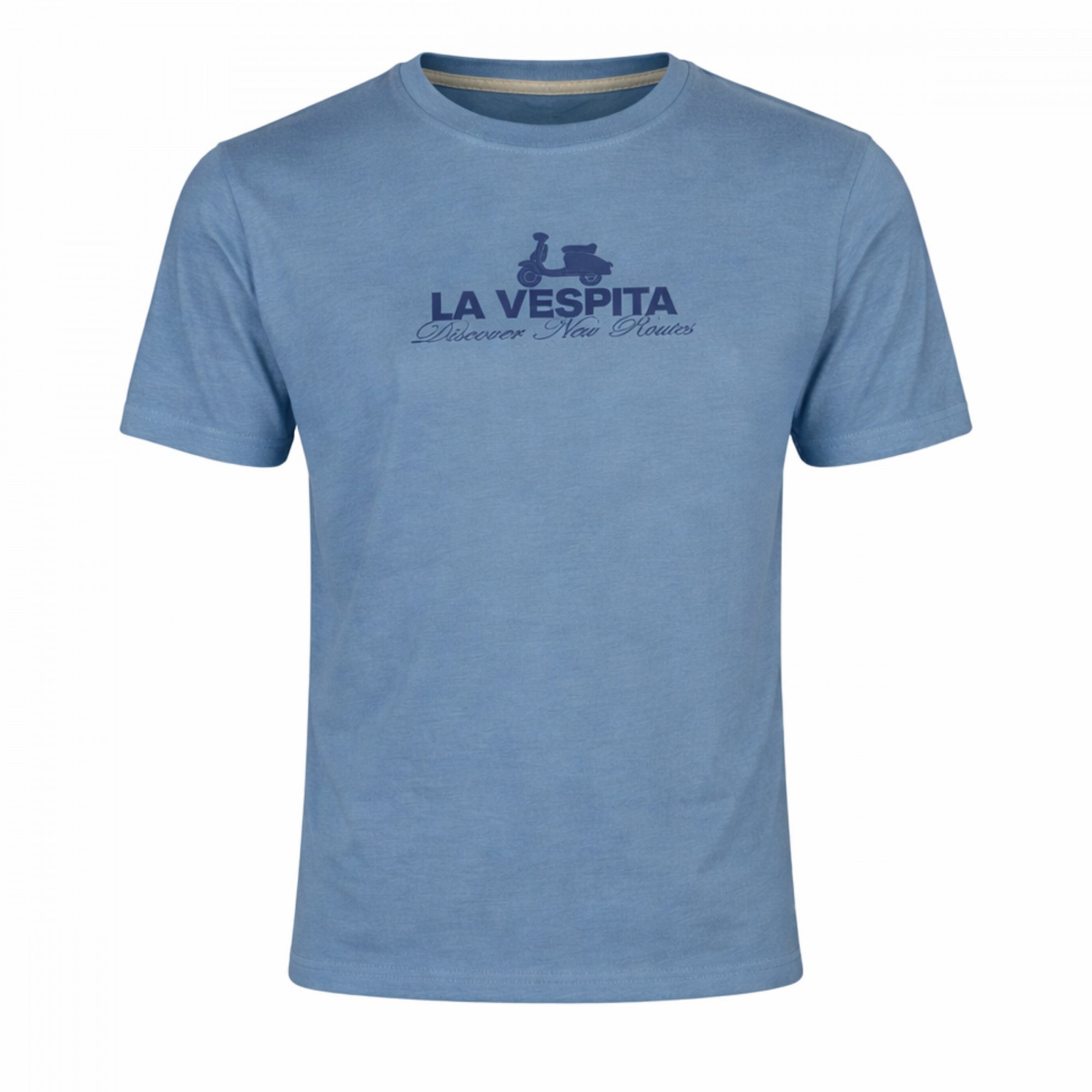 Camiseta azul de hombre con logo estampado La Vespita, fabricada en algodón con elastano, diseño casual y cómodo ideal para moda masculina premium.
