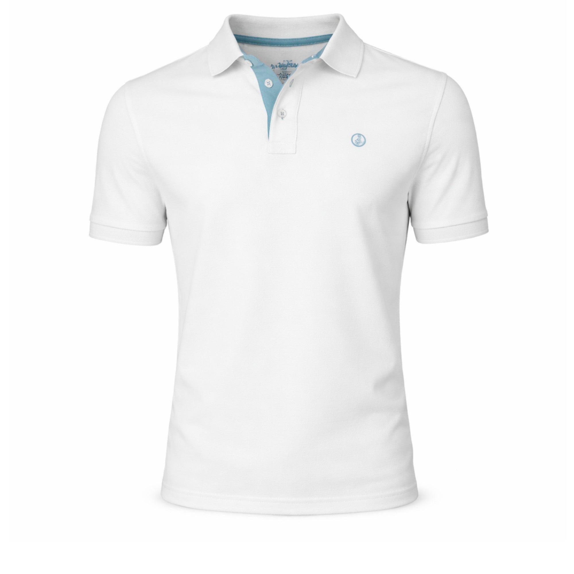 Polo blanco de algodón granito para hombre, con detalle interior azul claro en el cuello, diseño elegante y tejido premium con elastano, ideal para moda masculina.