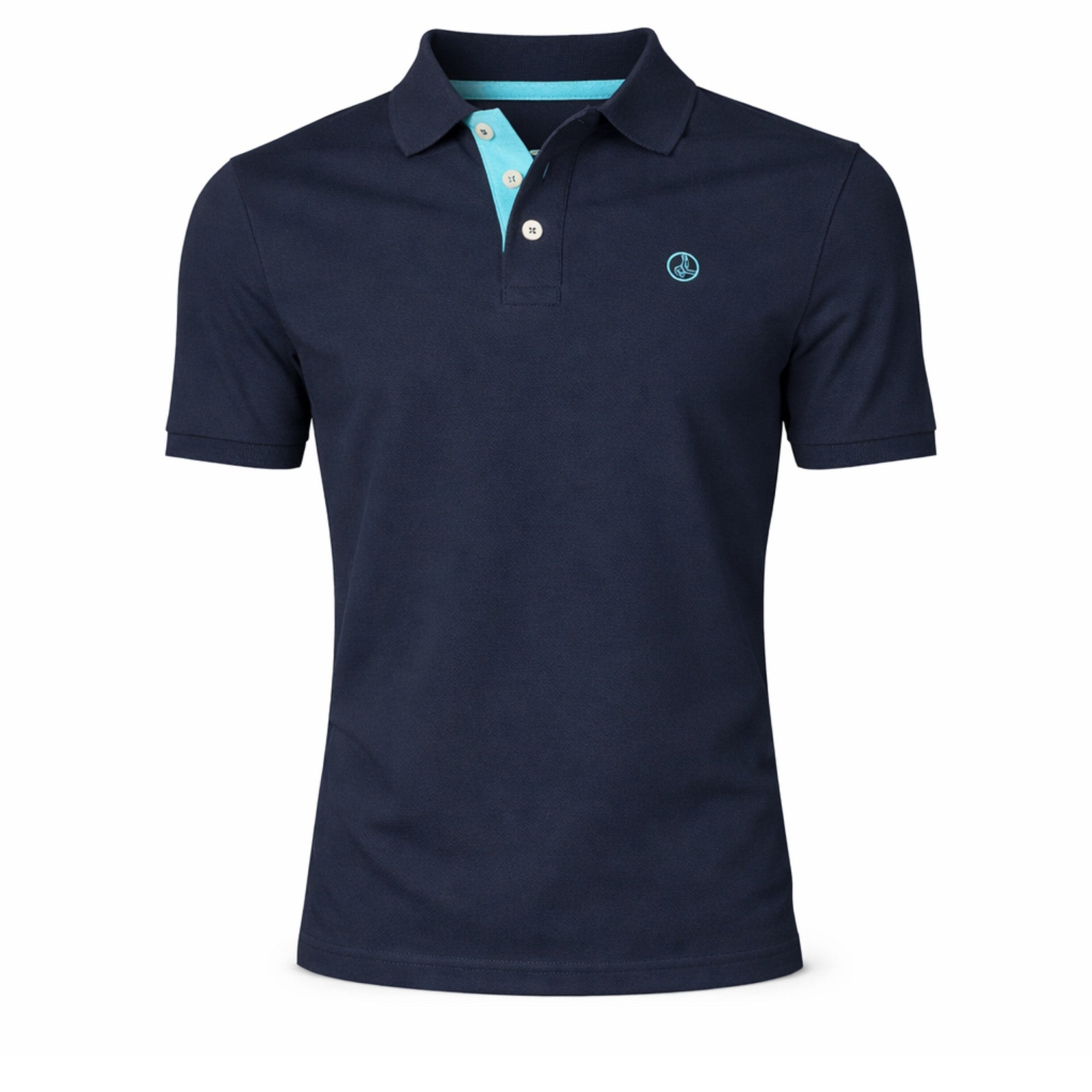 Polo azul marino para hombre de moda masculina premium, con detalle en color celeste en el interior de la botonadura, tejido 100% algodón granito.