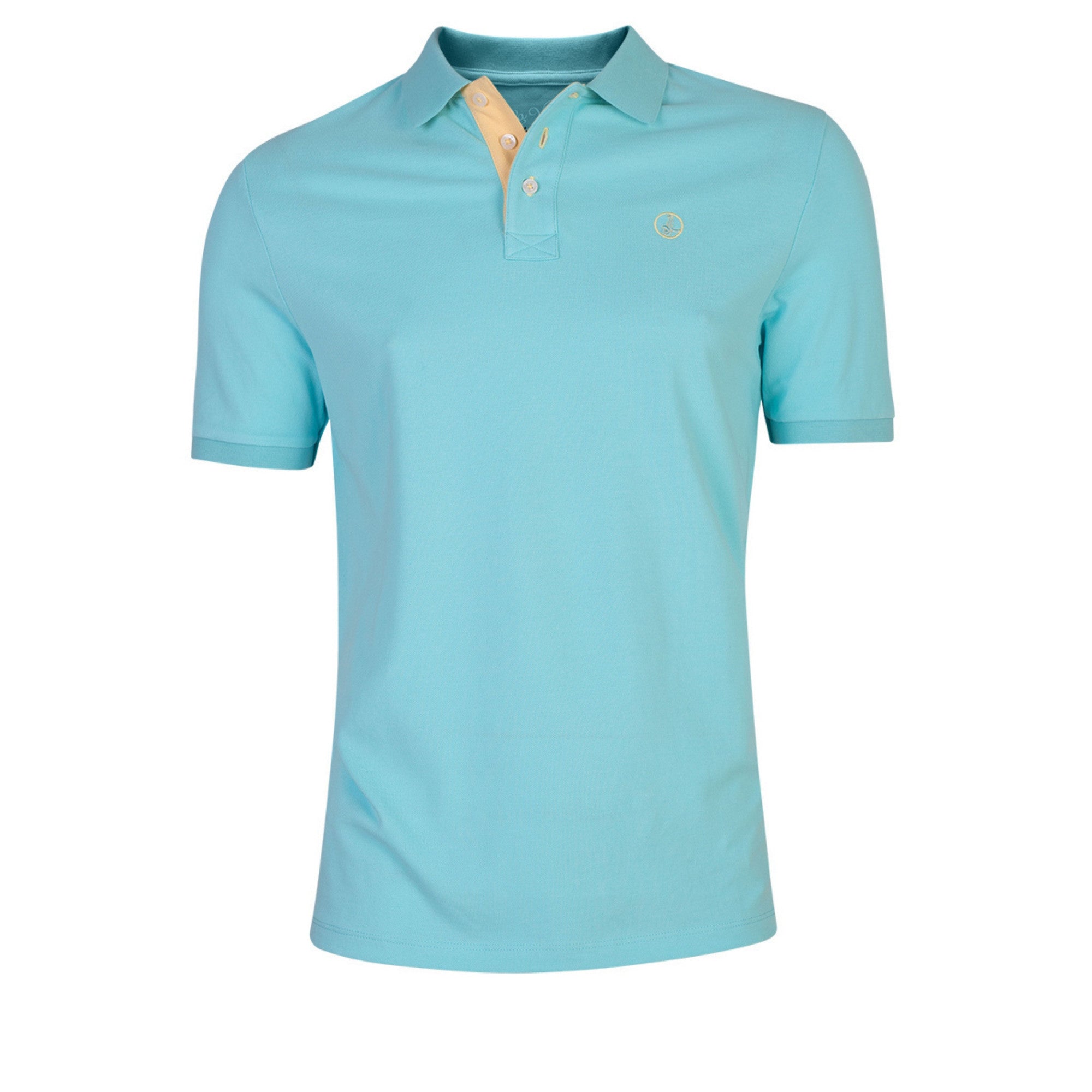 Polo hombre en algodón granito color azul turquesa con detalle interior en contraste y diseño de manga corta, ideal para moda masculina premium.