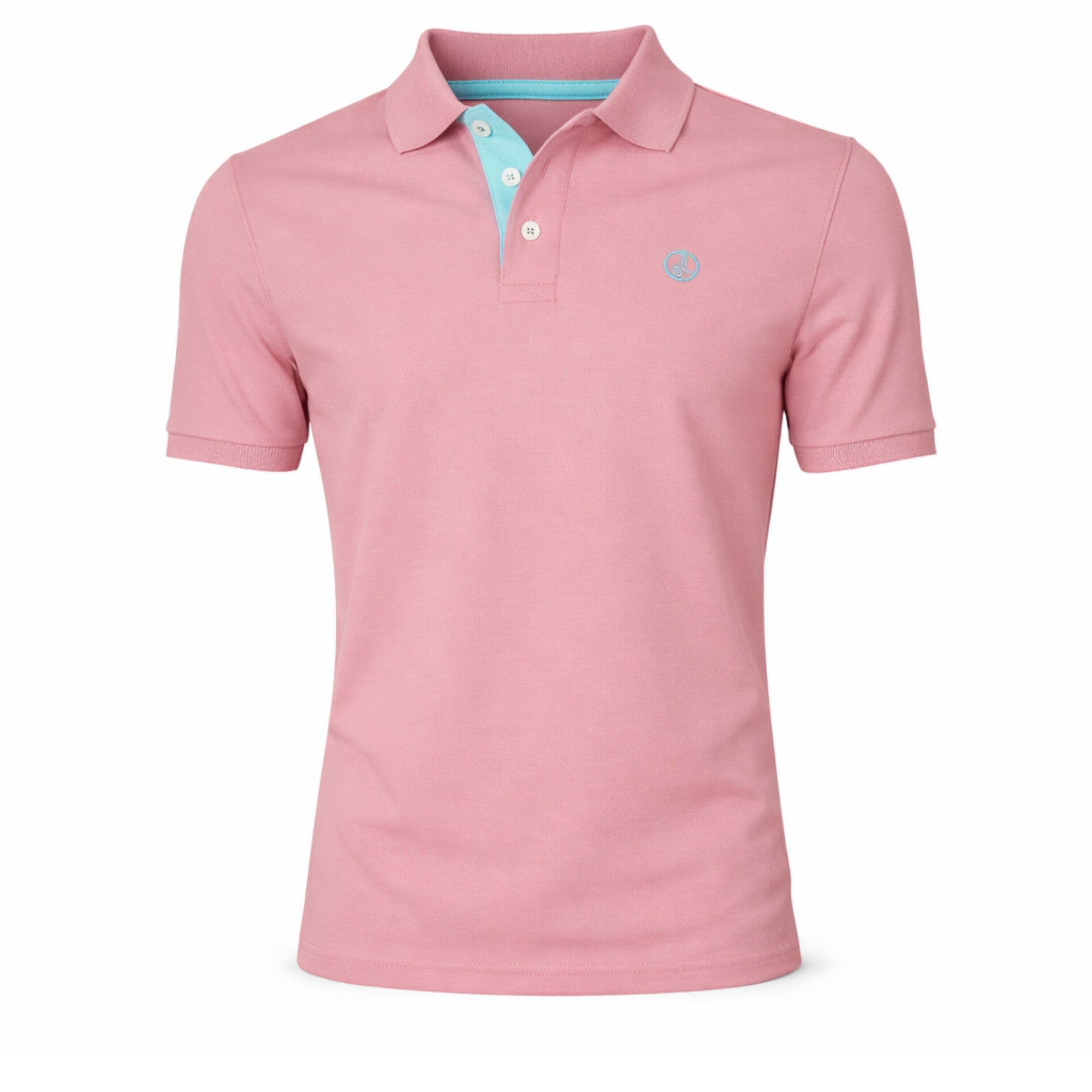 Polo de hombre en color rosa coral con detalle en botones azul, confeccionado en algodón y elastano, ideal para moda masculina premium y disponible en varias tallas.