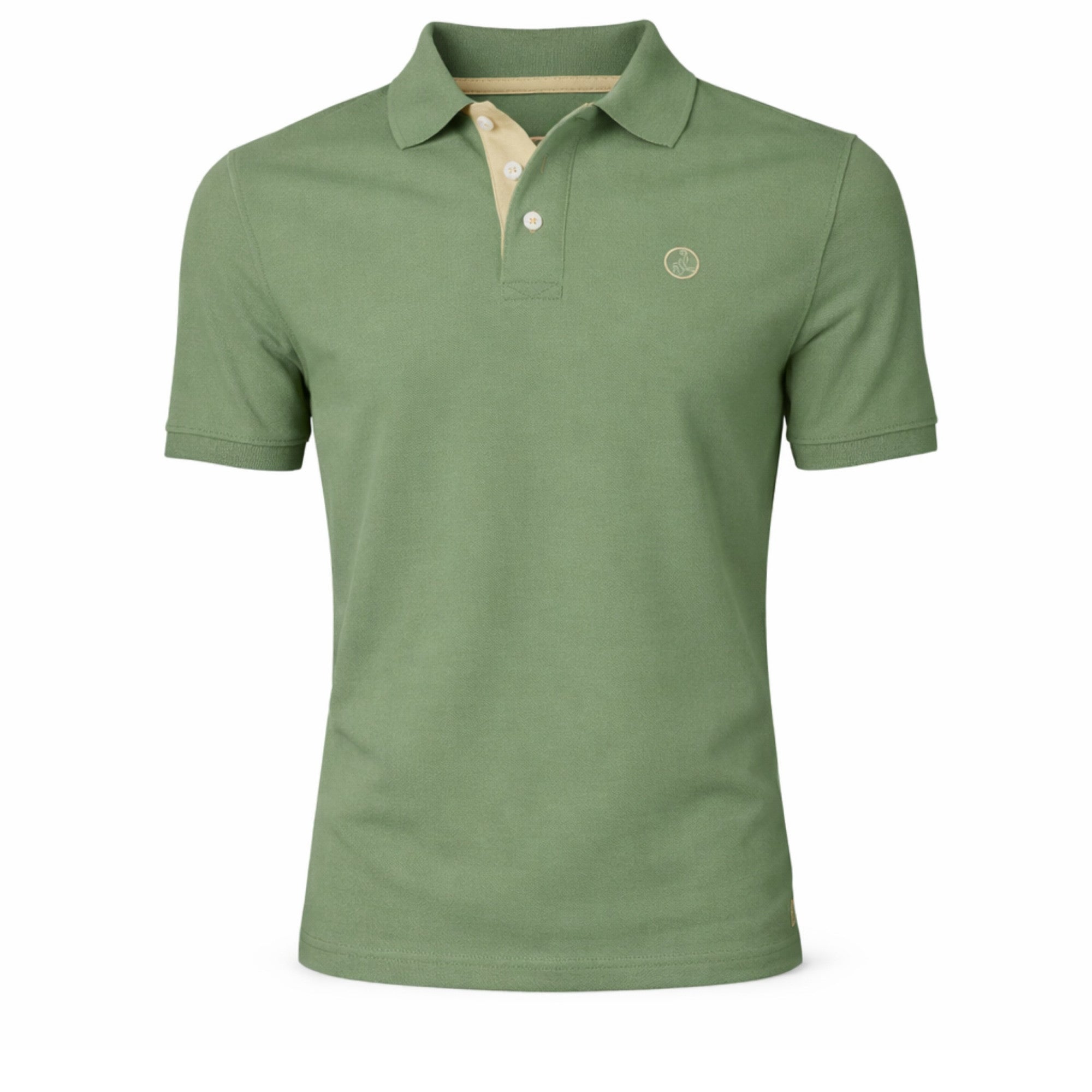 Polo hombre de moda masculina premium en color verde pálido, tejido 100% algodón con detalle interior beige, diseño cómodo y versátil para uso diario.